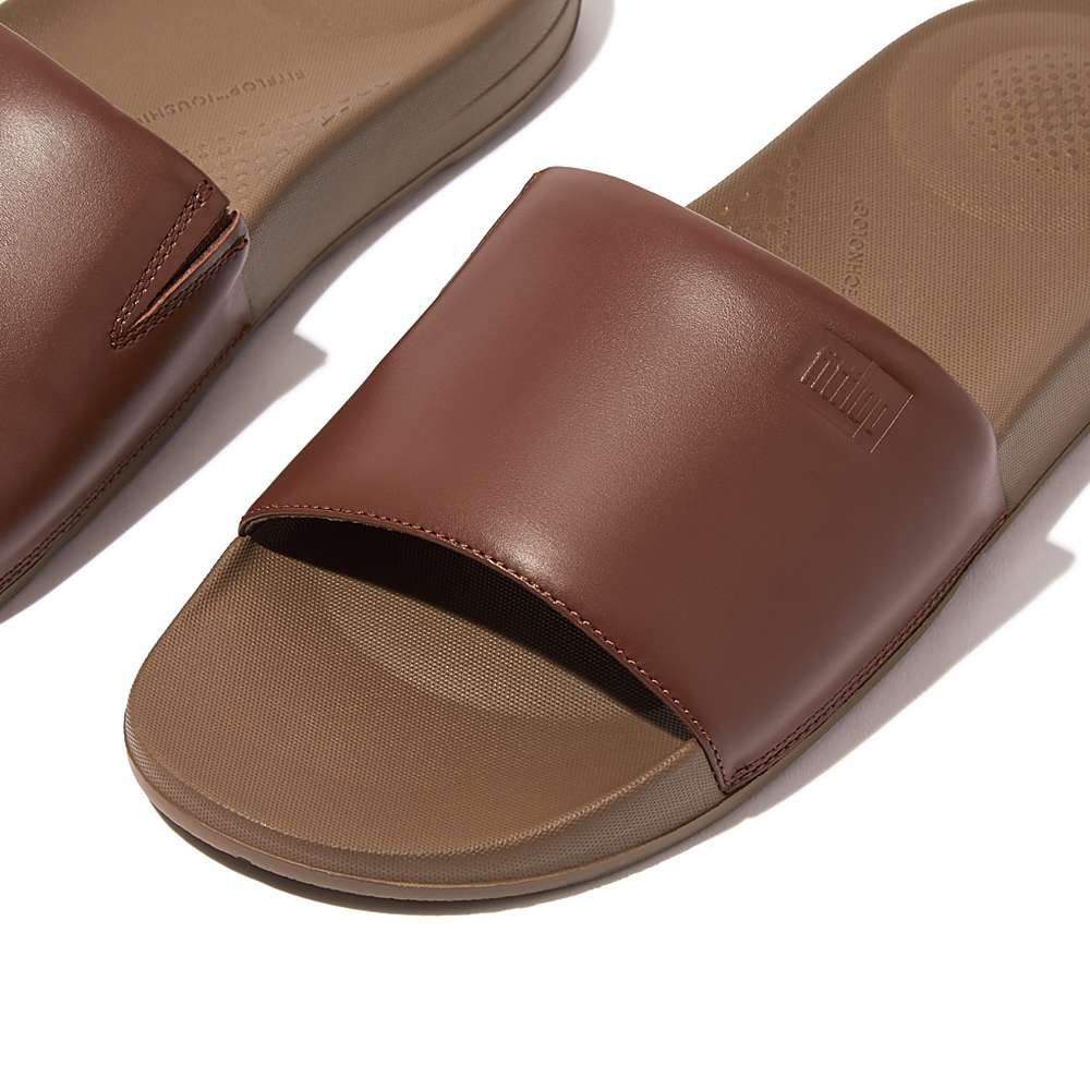 Dark Brown Men's Fitflop IQUSHION Ergonomic Leather Slides | SR6137902