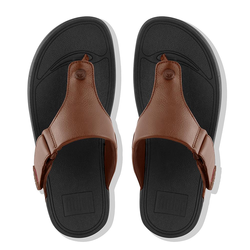 Dark Brown Men's Fitflop TRAKK II Leather Flip Flops | ZV1269043