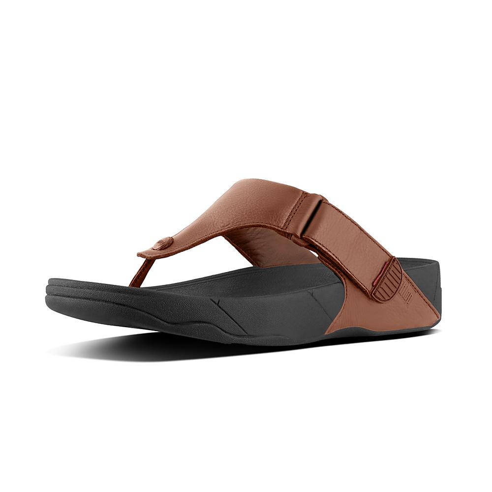 Dark Brown Men's Fitflop TRAKK II Leather Flip Flops | ZV1269043