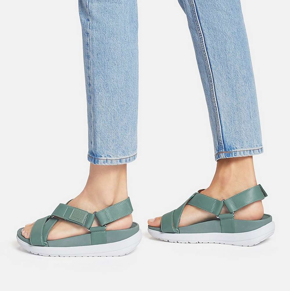 Green Women's Fitflop LOOSH Leather Cross-Strap Sandals | NQ1243097