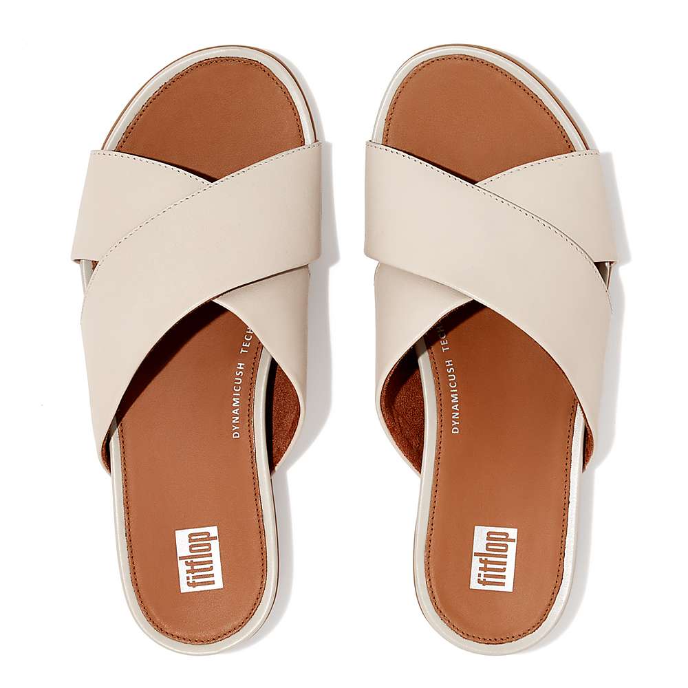 Grey Beige Women's Fitflop GRACIE Leather Cross Slides Sandals | HC2614598