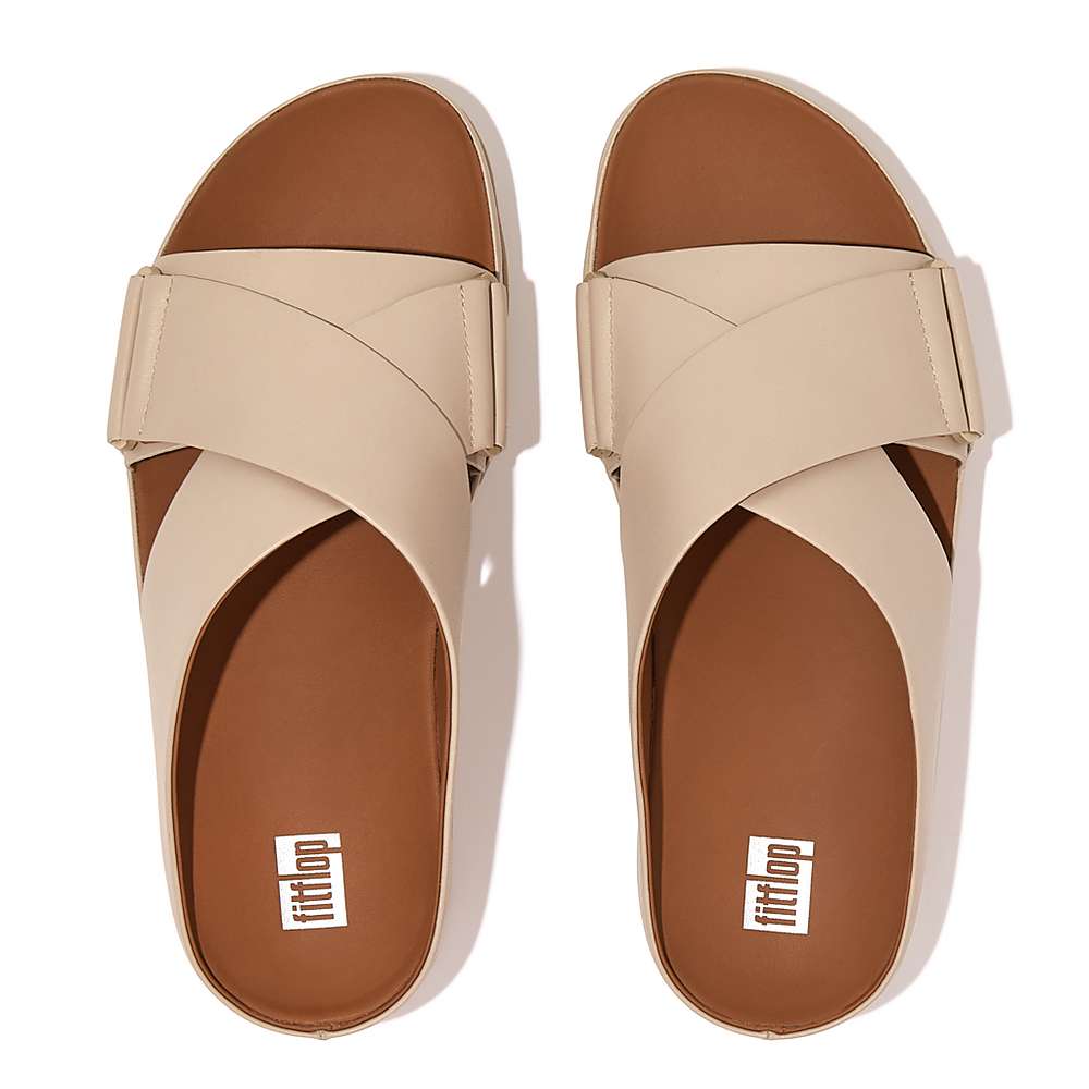 Grey Beige Women's Fitflop SHUV Leather Cross Slides Sandals | JW7531092