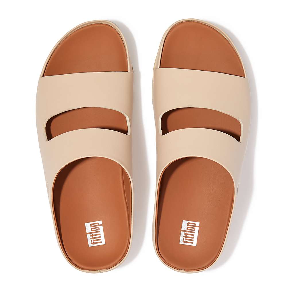 Grey Beige Women's Fitflop SHUV Two-Bar Leather Slides Sandals | ZD3687159