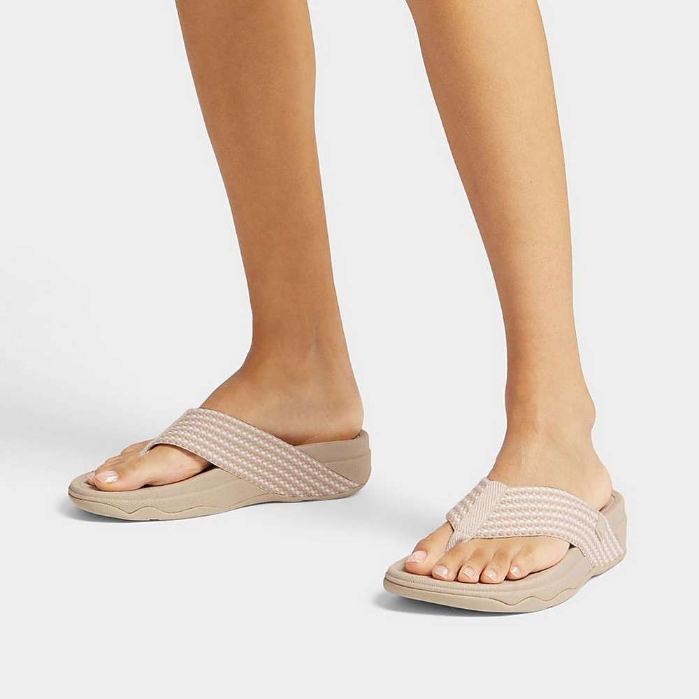 Grey Beige Women's Fitflop SURFA Webbing Toe-Post Sandals | EV1394270