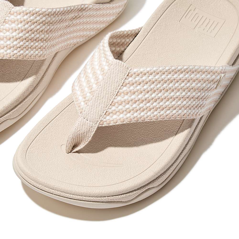 Grey Beige Women's Fitflop SURFA Webbing Toe-Post Sandals | EV1394270