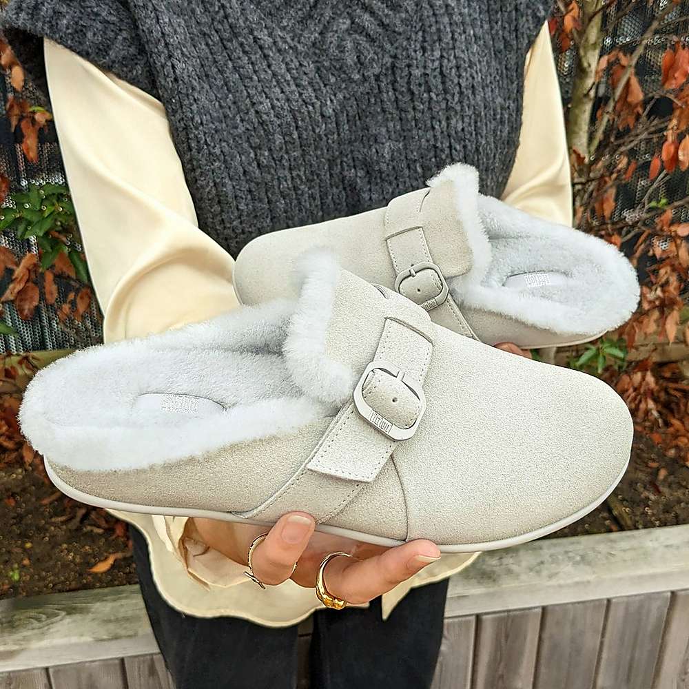 Grey Women's Fitflop CHRISSIE Buckle Shearling-Lined Suede Slippers | HB2783945