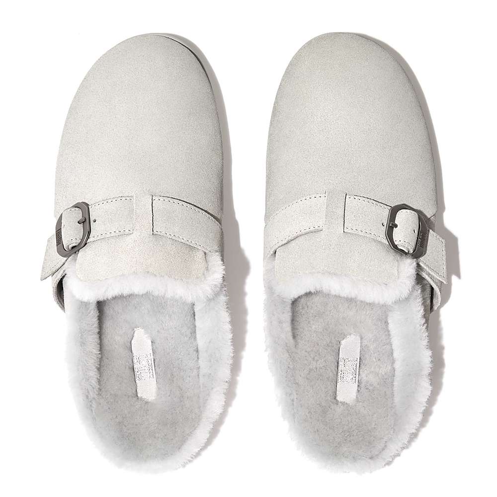 Grey Women's Fitflop CHRISSIE Buckle Shearling-Lined Suede Slippers | HB2783945