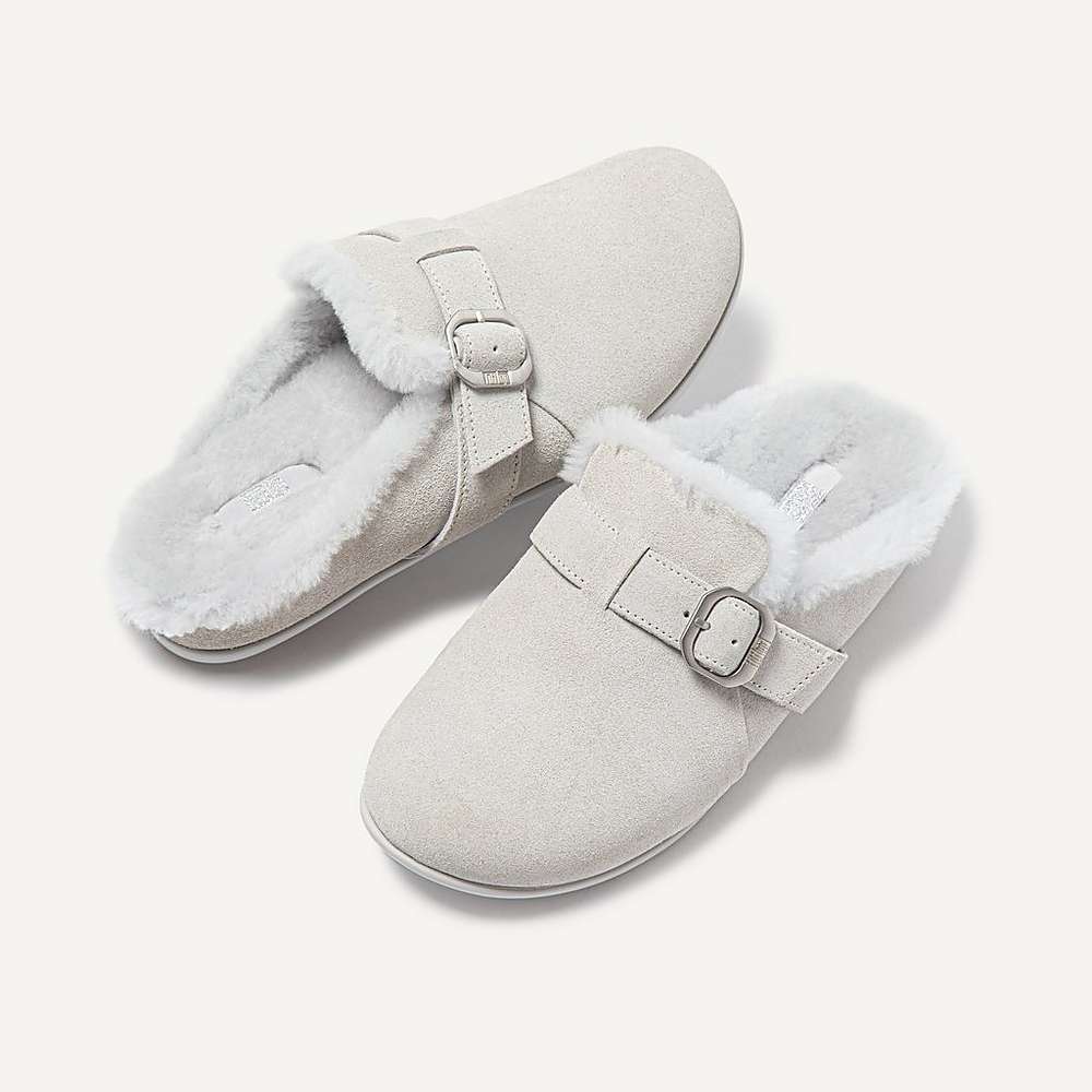 Grey Women's Fitflop CHRISSIE Buckle Shearling-Lined Suede Slippers | HB2783945