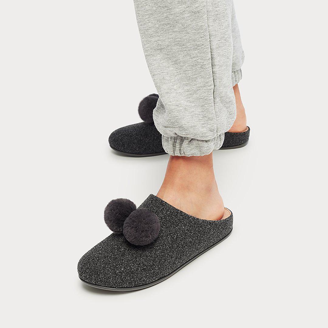 Grey Women's Fitflop CHRISSIE Pom-Pom Felt Slippers | YH3928745