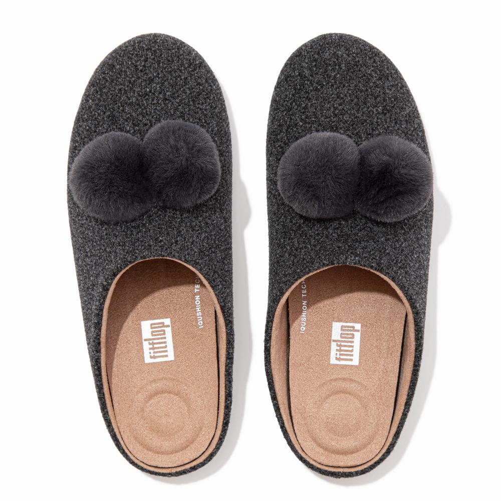 Grey Women's Fitflop CHRISSIE Pom-Pom Felt Slippers | YH3928745