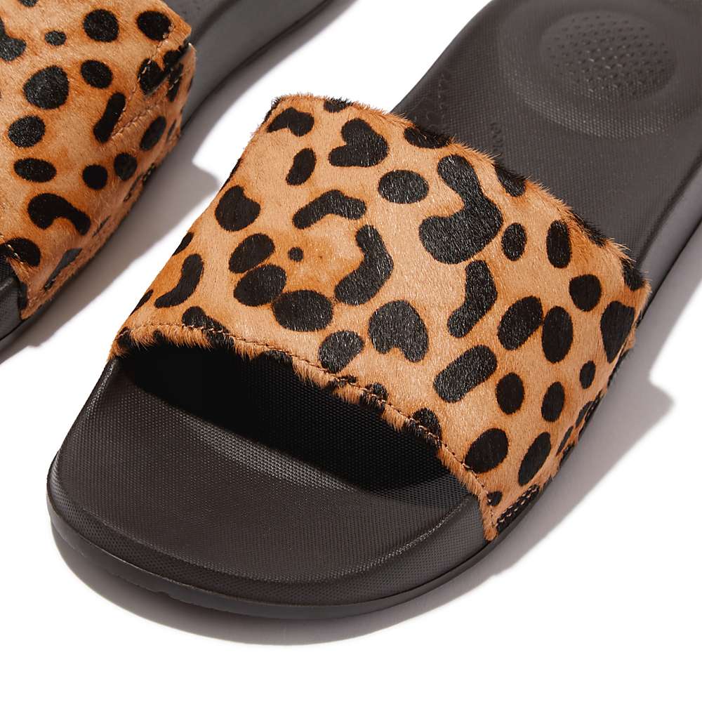 Leopard Women's Fitflop IQUSHION Leopard-Print Leather Slides Slides | JC5923170