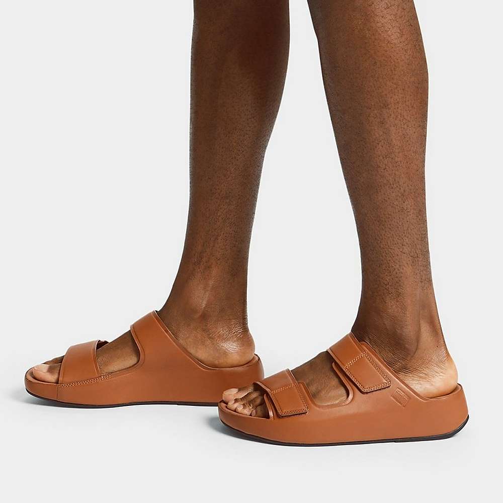 Light Brown Men's Fitflop SAMEL Adjustable Leather Slides Sandals | LA9074318