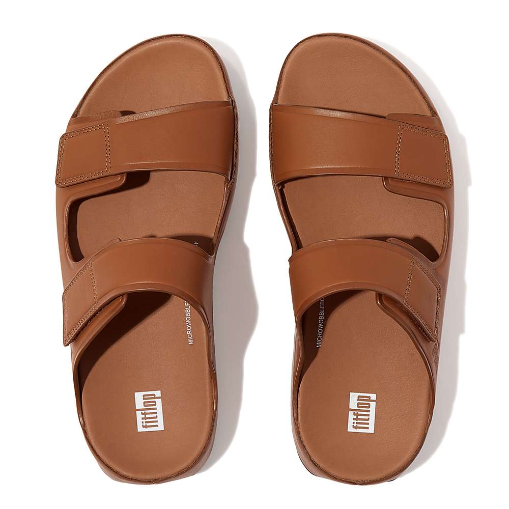 Light Brown Men's Fitflop SAMEL Adjustable Leather Slides Sandals | LA9074318