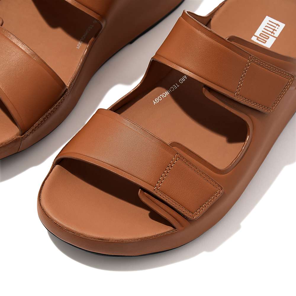 Light Brown Men's Fitflop SAMEL Adjustable Leather Slides Sandals | LA9074318