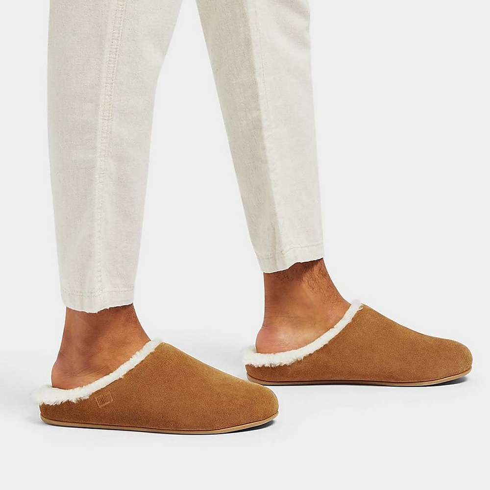 Light Brown Men's Fitflop SHOVE Shearling-Lined Suede Slippers | EH2179460