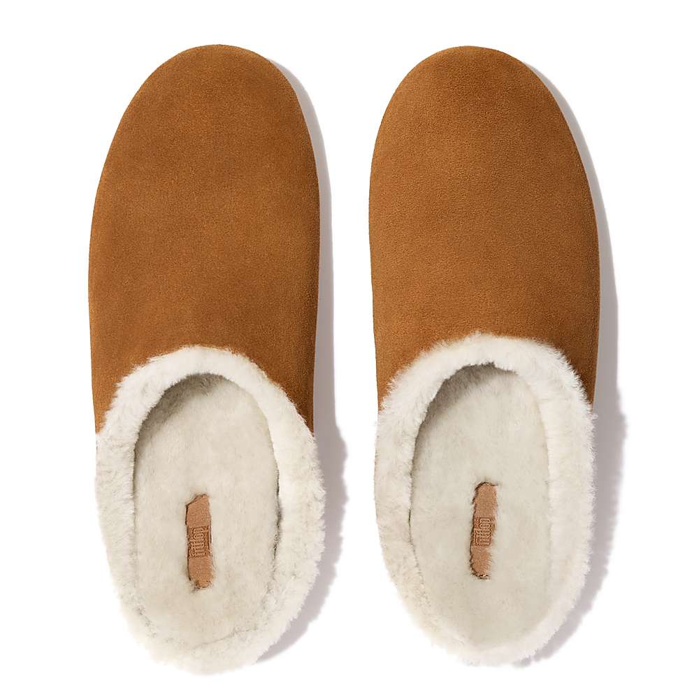 Light Brown Men's Fitflop SHOVE Shearling-Lined Suede Slippers | EH2179460