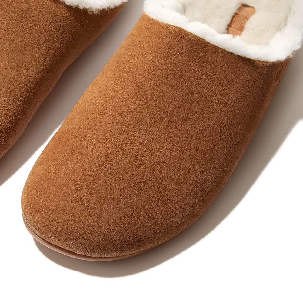 Light Brown Men's Fitflop SHOVE Shearling-Lined Suede Slippers | EH2179460