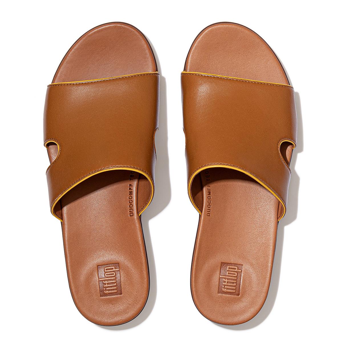 Light Brown/Orange Yellow Women's Fitflop H-Bar Pop Binding Leather Slides Sandals | AL3590826