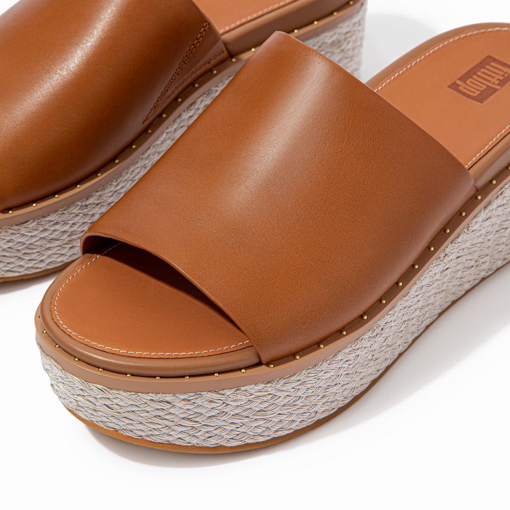 Light Brown Women's Fitflop ELOISE Espadrille Leather Wedge Slides Sandals | OC4251863