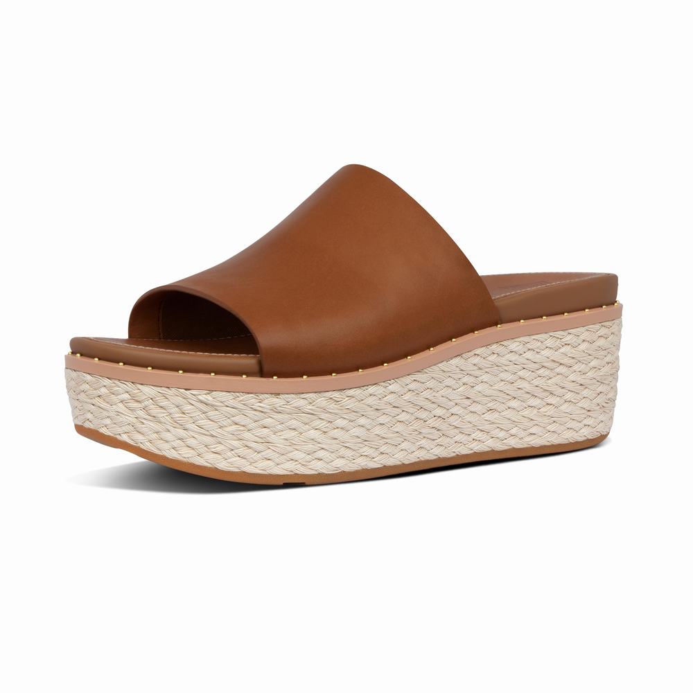 Light Brown Women's Fitflop ELOISE Espadrille Leather Wedge Slides Sandals | OC4251863