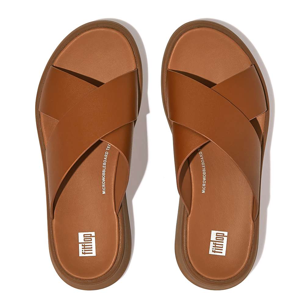 Light Brown Women's Fitflop F-MODE Leather Flatform Cross Slides Sandals | PD1289635