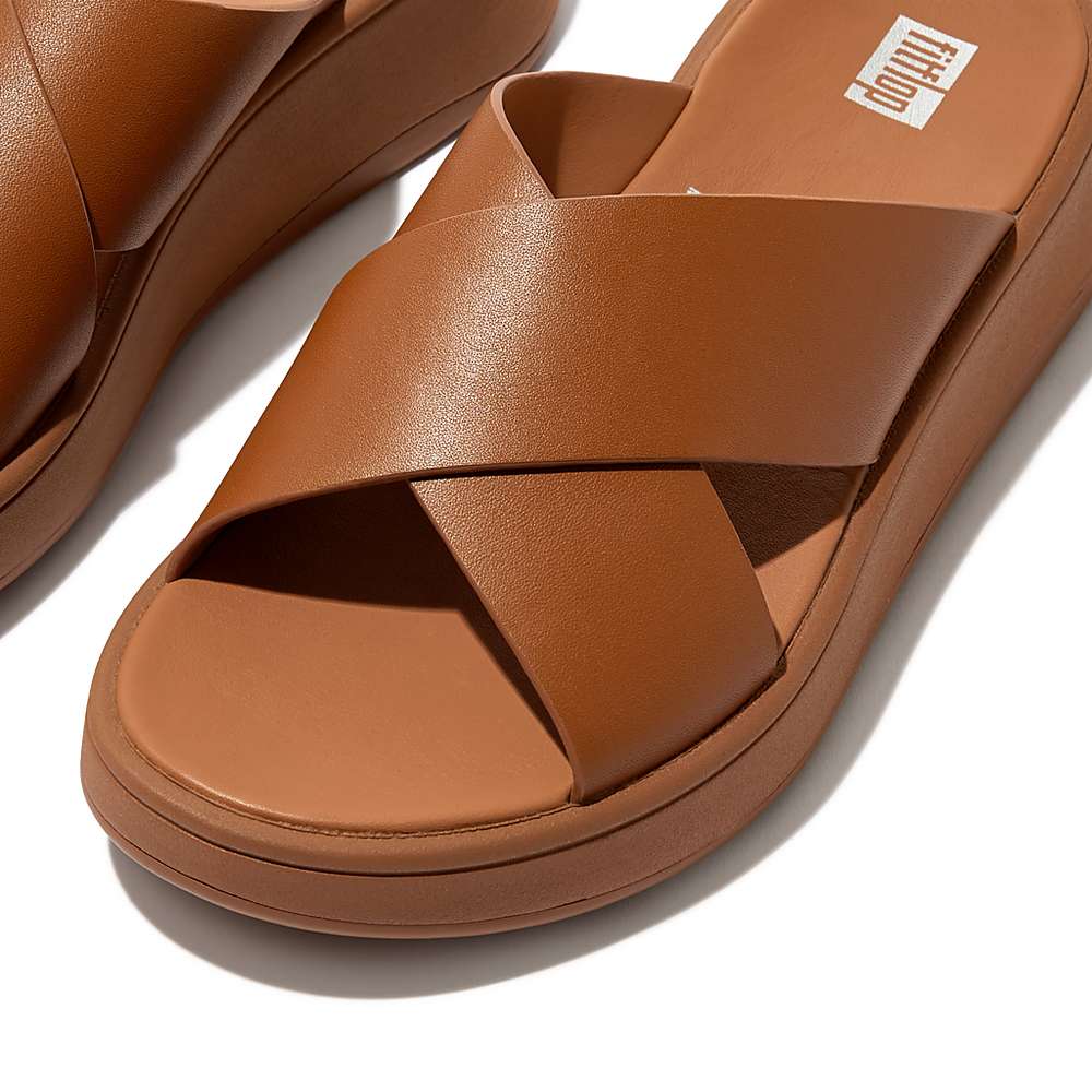 Light Brown Women's Fitflop F-MODE Leather Flatform Cross Slides Sandals | PD1289635