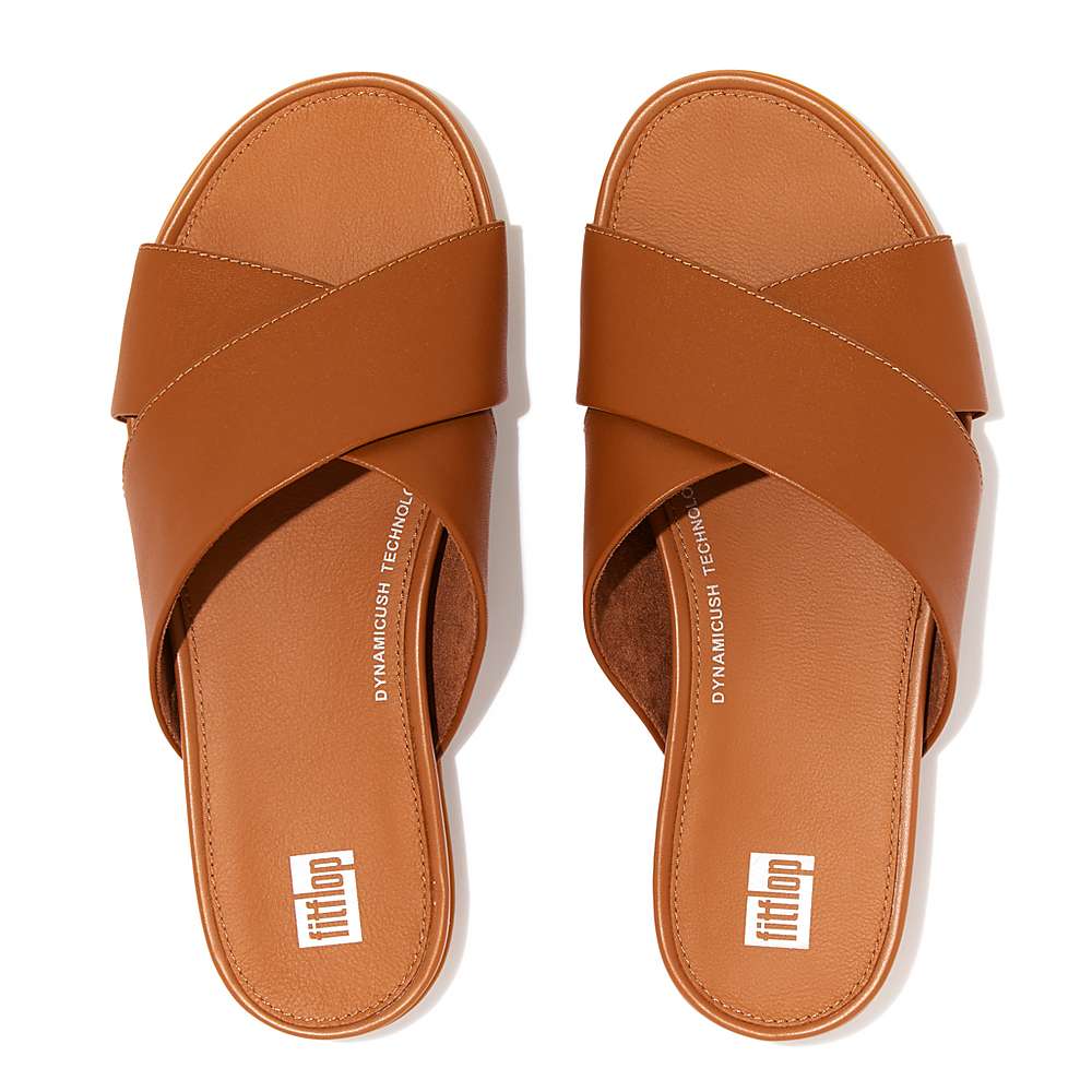 Light Brown Women's Fitflop GRACIE Leather Cross Slides Sandals | ZP7306812