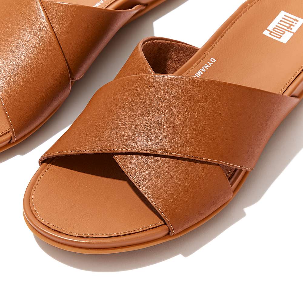 Light Brown Women's Fitflop GRACIE Leather Cross Slides Sandals | ZP7306812