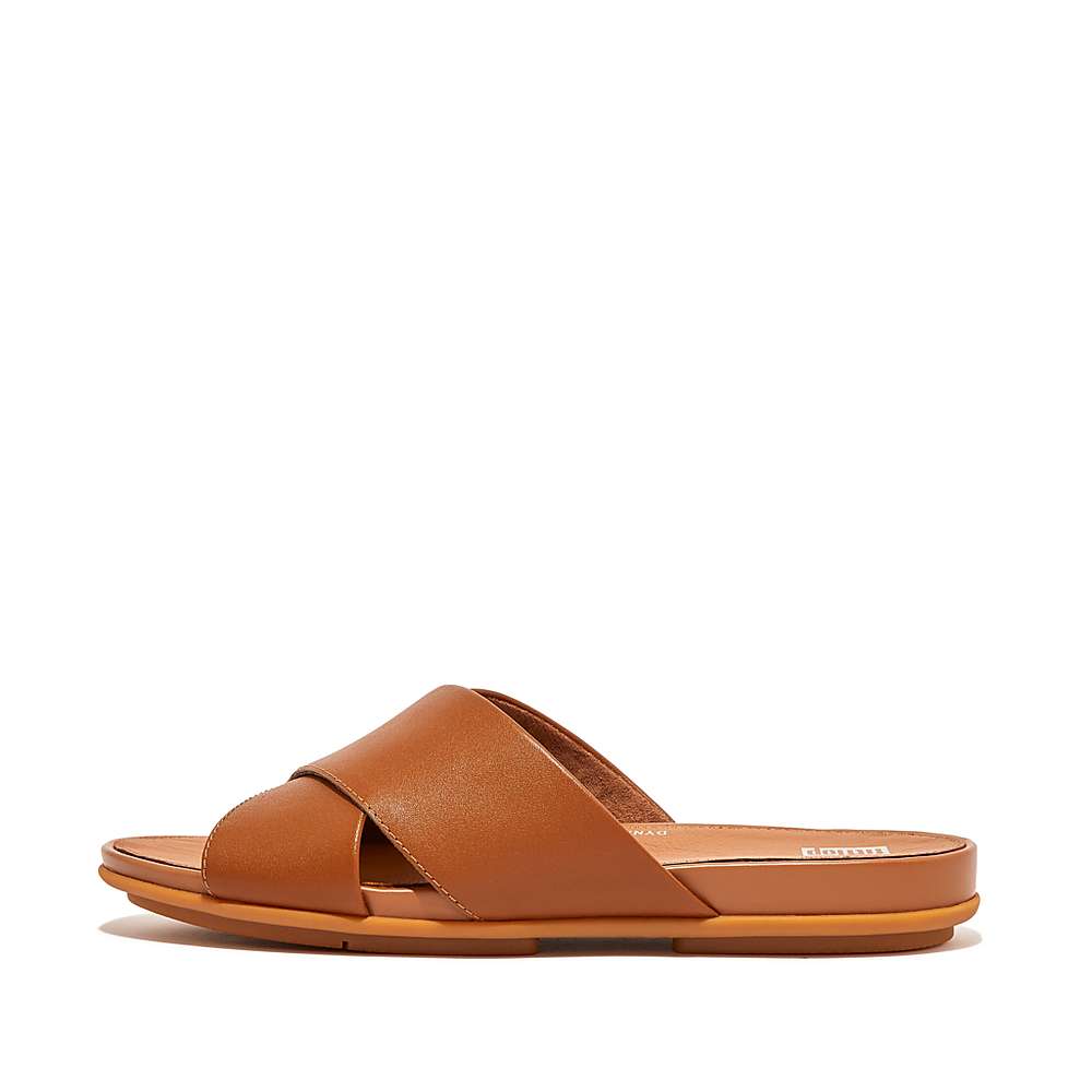 Light Brown Women\'s Fitflop GRACIE Leather Cross Slides Sandals | ZP7306812