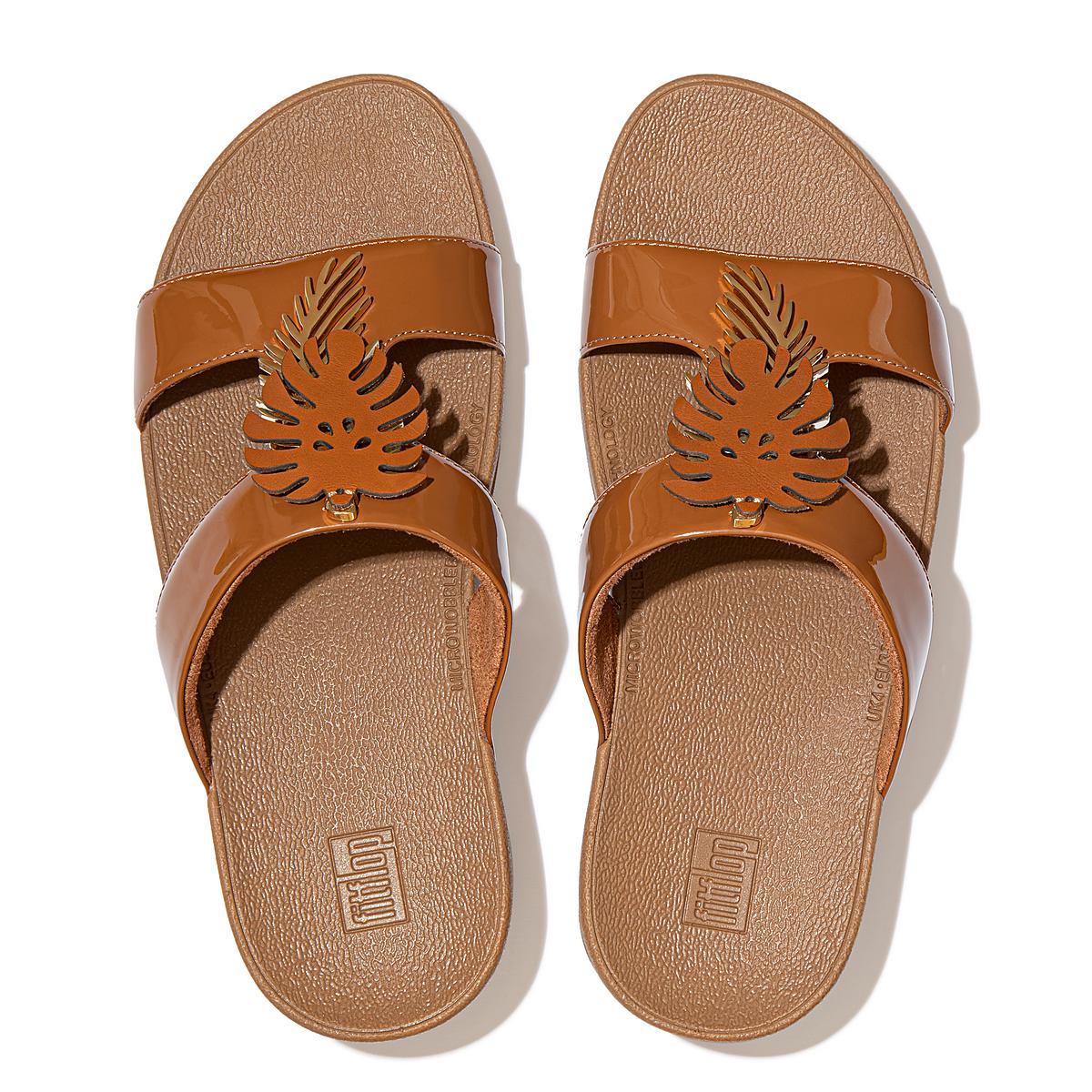 Light Brown Women's Fitflop LOTTIE Jungle Leaf Patent Slides Sandals | PG5917263