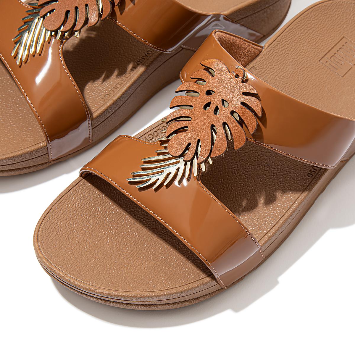 Light Brown Women's Fitflop LOTTIE Jungle Leaf Patent Slides Sandals | PG5917263