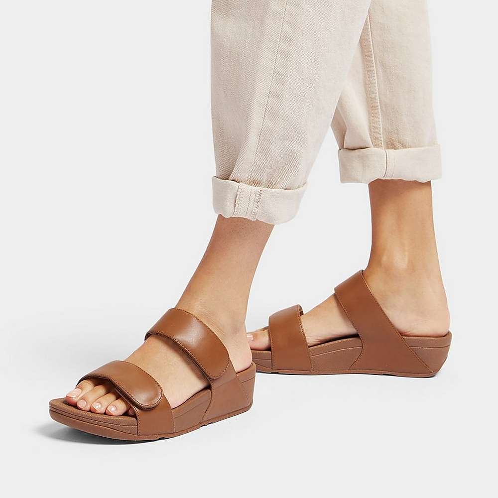 Light Brown Women's Fitflop LULU Adjustable Leather Slides Sandals | MT2943560