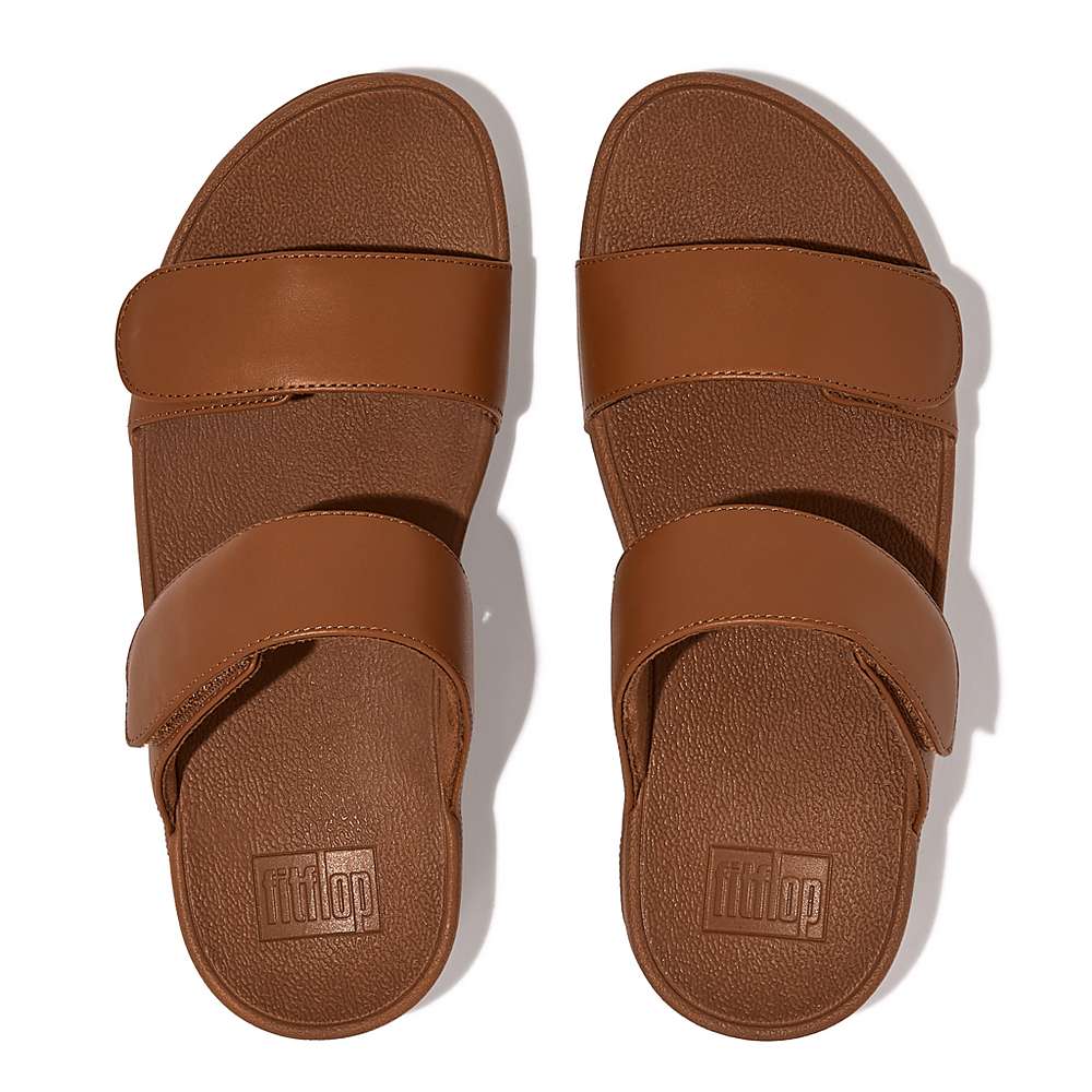 Light Brown Women's Fitflop LULU Adjustable Leather Slides Sandals | MT2943560