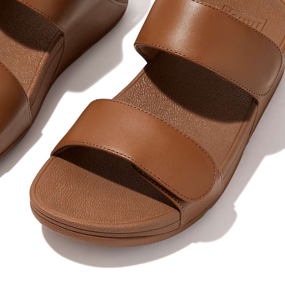 Light Brown Women's Fitflop LULU Adjustable Leather Slides Sandals | MT2943560