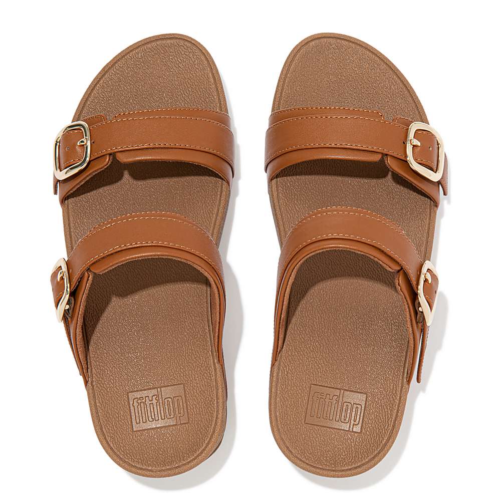 Light Brown Women's Fitflop LULU Adjustable Leather Slides Sandals | PW7186432