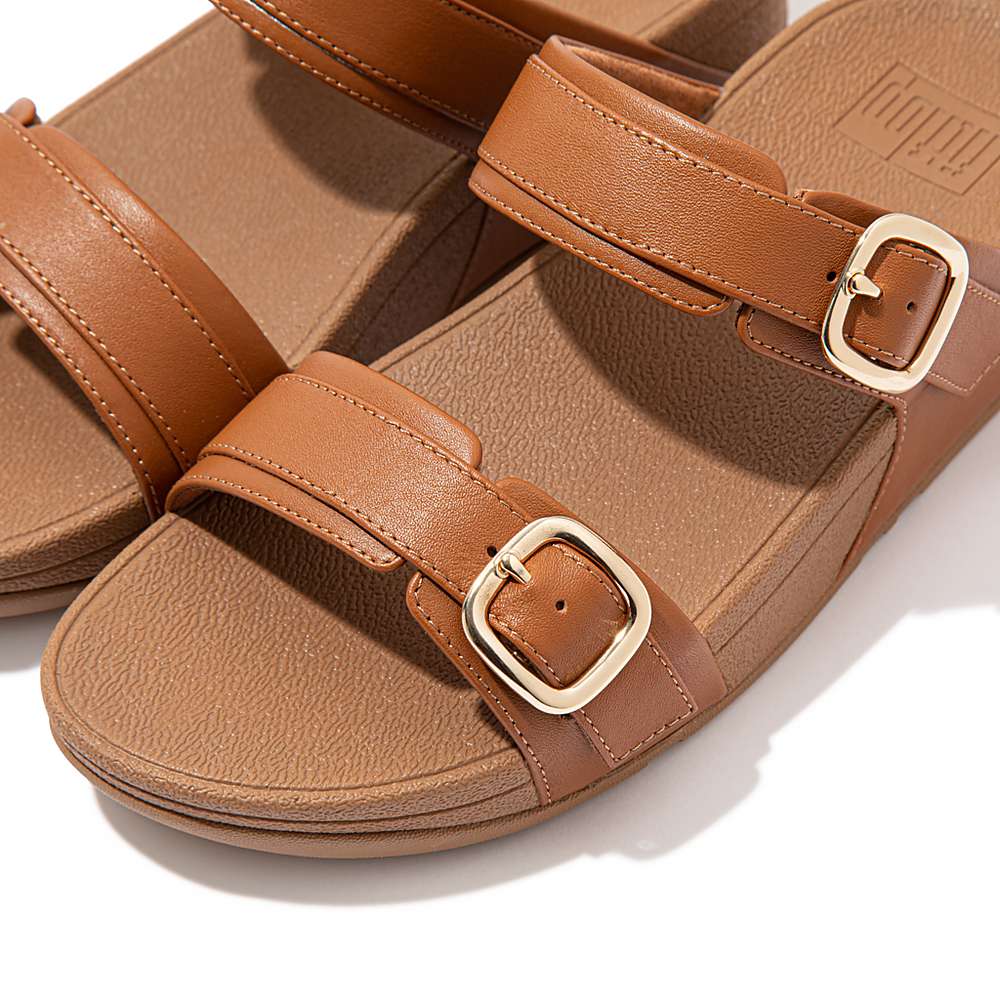 Light Brown Women's Fitflop LULU Adjustable Leather Slides Sandals | PW7186432