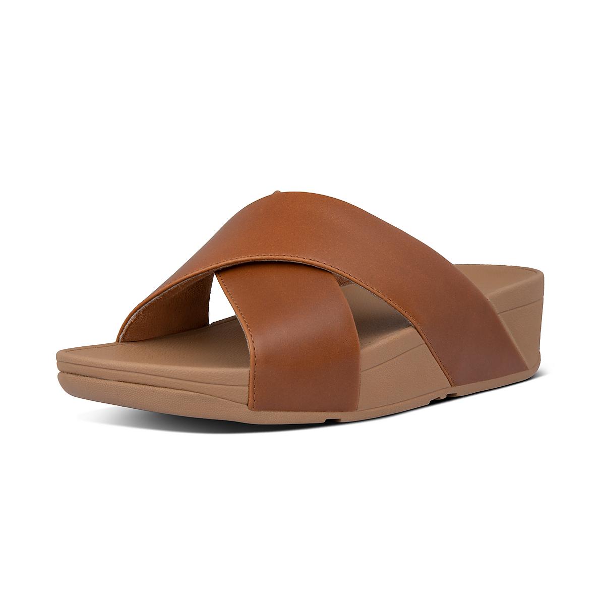 Light Brown Women's Fitflop LULU Leather Cross Slides Sandals | QJ6912074