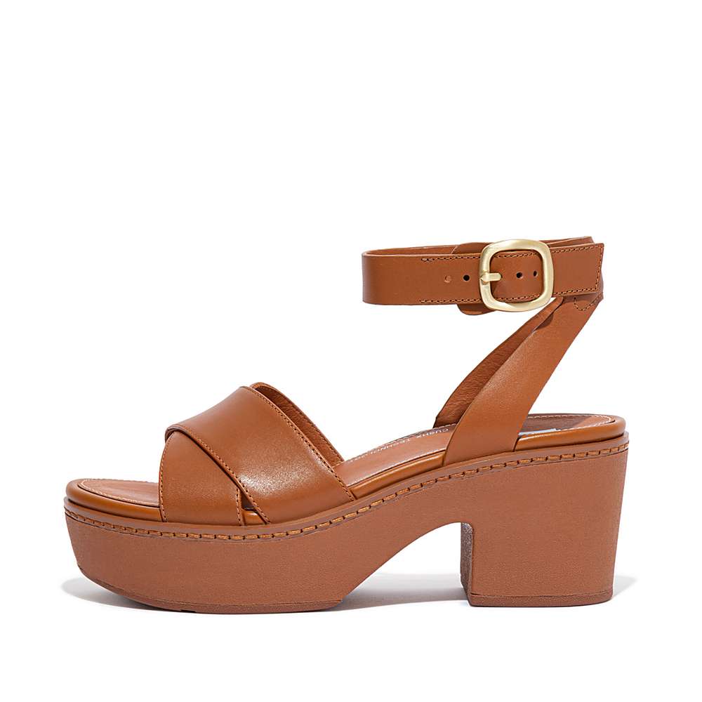 Light Brown Women\'s Fitflop PILAR Leather Ankle-Strap Platform Sandals | AK3149806