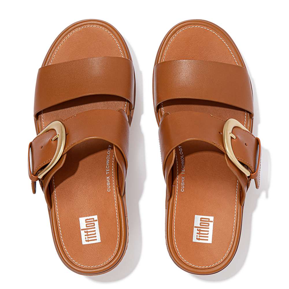 Light Brown Women's Fitflop PILAR Leather Platform Slides Sandals | EA1978305