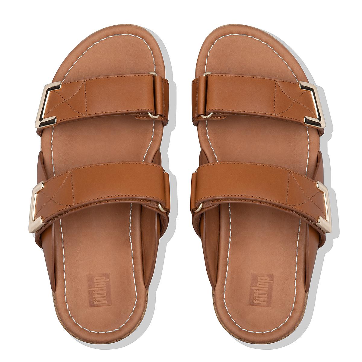 Light Brown Women's Fitflop REMI Adjustable Leather Slides Sandals | SW0785346