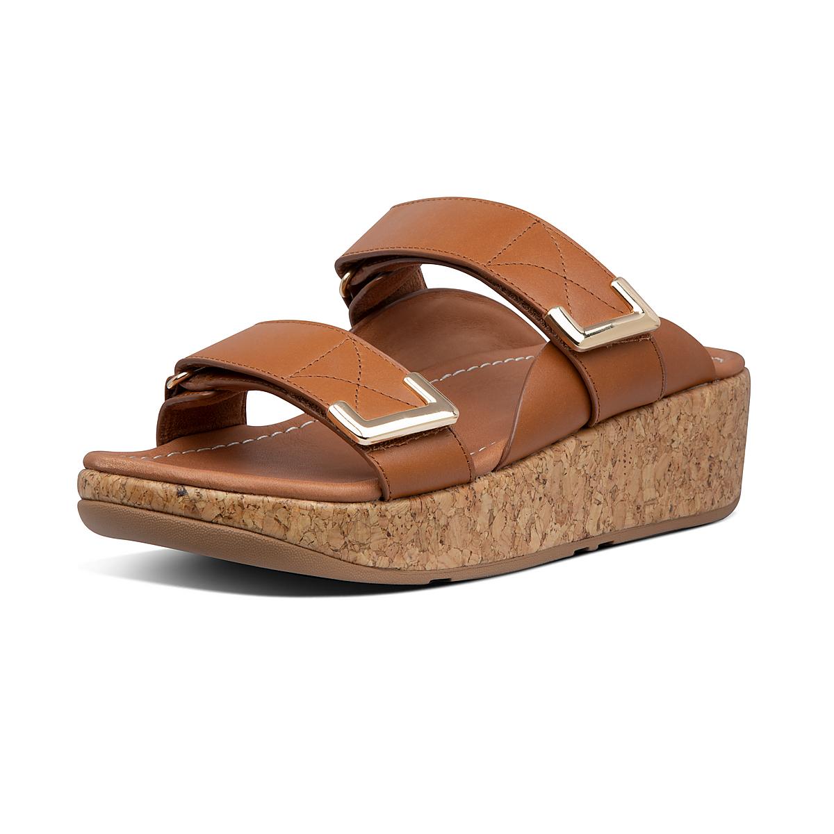 Light Brown Women's Fitflop REMI Adjustable Leather Slides Sandals | SW0785346