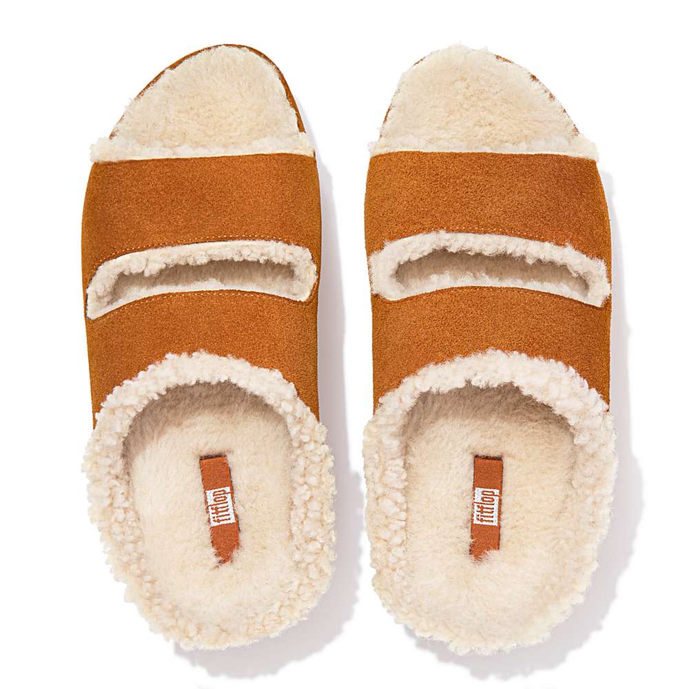 Light Brown Women's Fitflop SHUV Two-Bar Shearling Suede Slides Slippers | MJ6810425