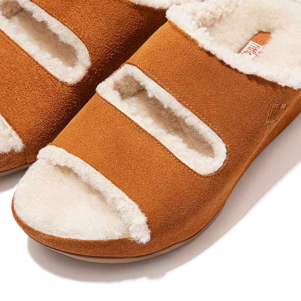 Light Brown Women's Fitflop SHUV Two-Bar Shearling Suede Slides Slippers | MJ6810425