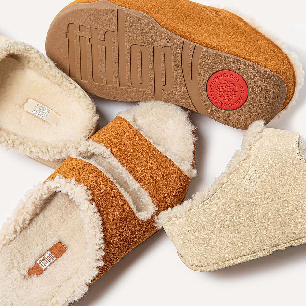 Light Brown Women's Fitflop SHUV Two-Bar Shearling Suede Slides Slippers | MJ6810425