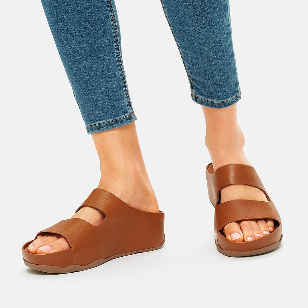 Light Brown Women's Fitflop SHUV Two-Bar Leather Slides Sandals | SH4865712