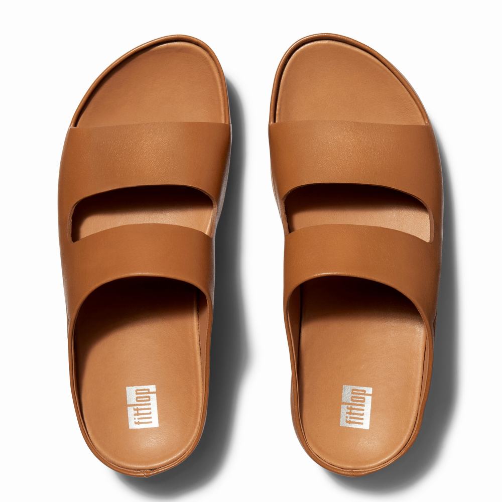 Light Brown Women's Fitflop SHUV Two-Bar Leather Slides Sandals | SH4865712