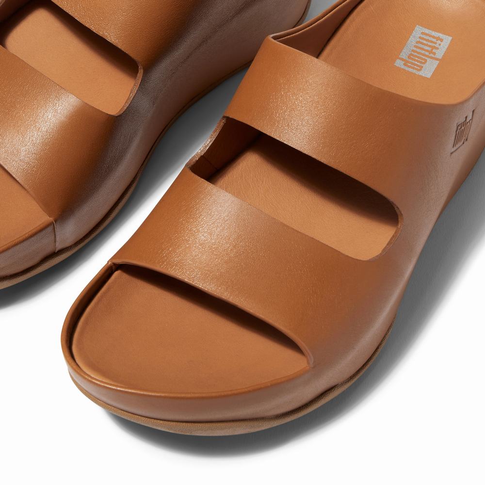 Light Brown Women's Fitflop SHUV Two-Bar Leather Slides Sandals | SH4865712