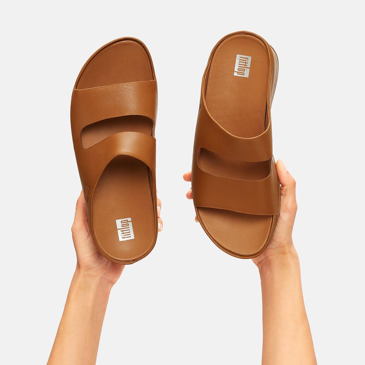 Light Brown Women's Fitflop SHUV Two-Bar Leather Slides Sandals | SH4865712