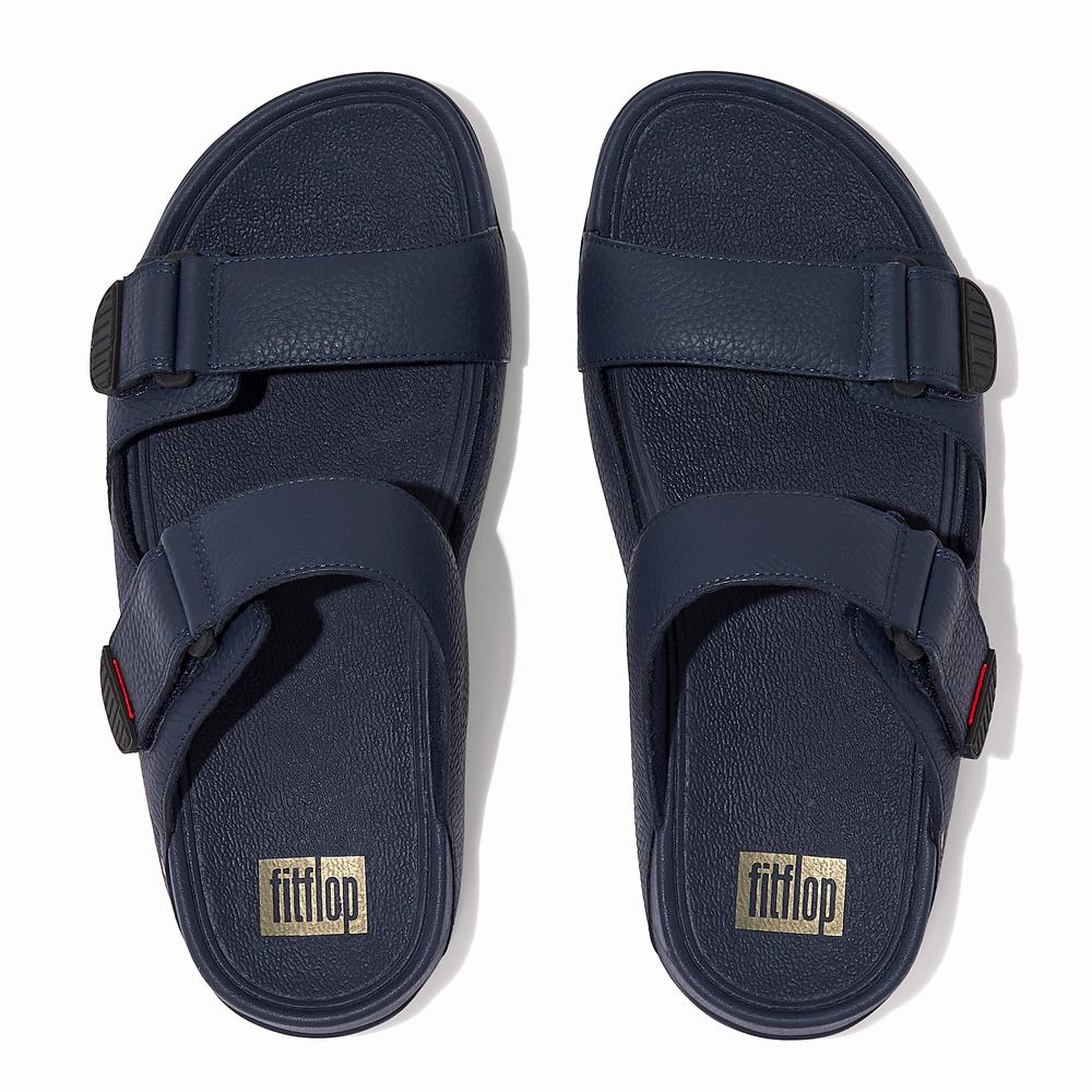 Navy Men's Fitflop GOGH MOC Adjustable Leather Slides Sandals | LX2753968