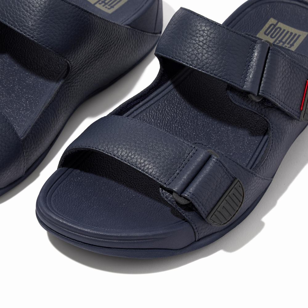 Navy Men's Fitflop GOGH MOC Adjustable Leather Slides Sandals | LX2753968